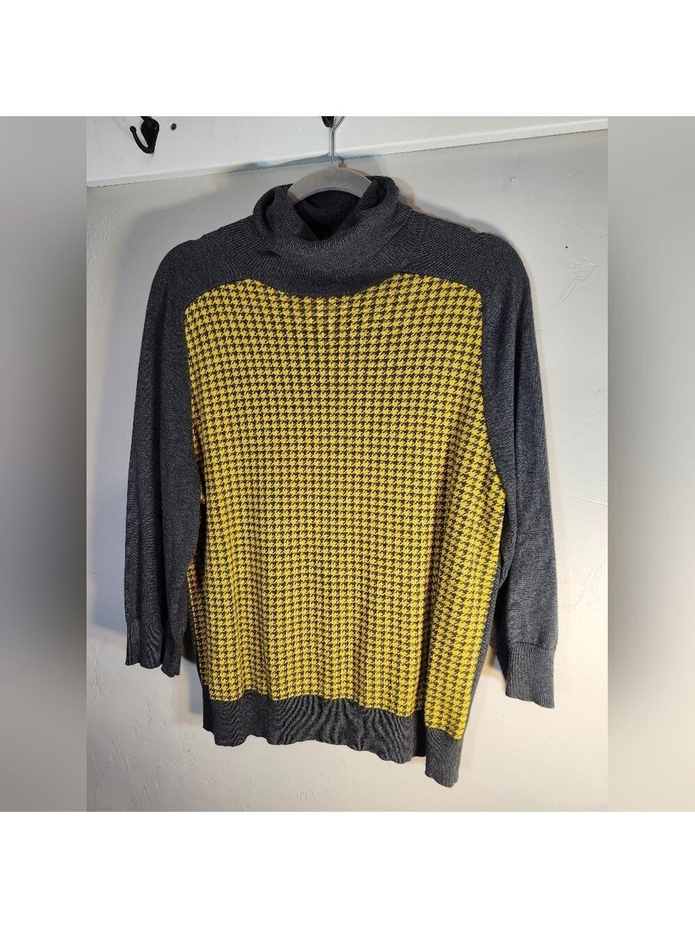 Liz Claiborne Turtleneck Houndstooth in Charcoal and Mustard Cotton Blend Sz XL